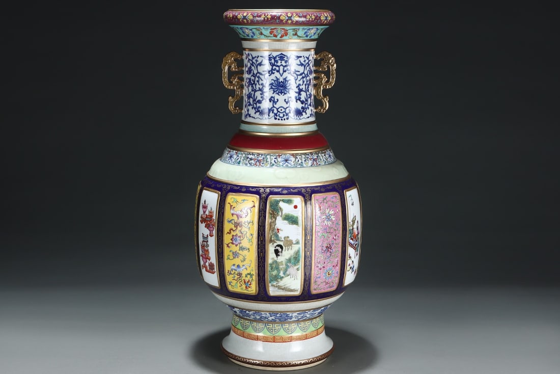 An Exquisite Enamel Lotus Pattern Animal Pattern Landscape Pattern Double-Ears Vase - 4