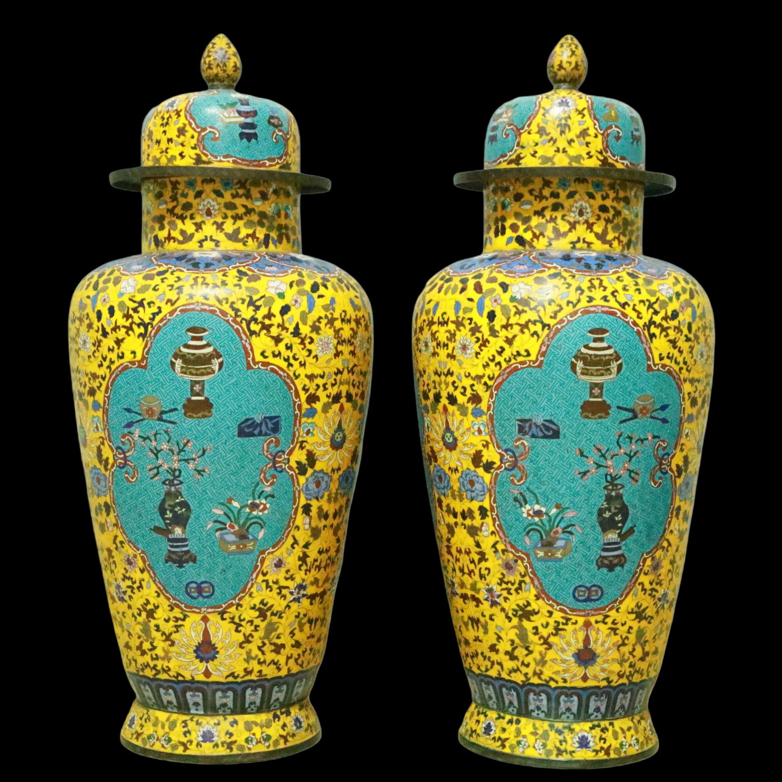 A Pair of Exquisite Cloisonne Lotus Pattern Vase: A Pair of Exquisite Cloisonne Lotus Pattern Vase Qing Dynasty, China Size:38cmx38cmx101cm (The Dimensions Of All Batches Are Manually Measured.If You Need More Detailed Information, Please Contact Our