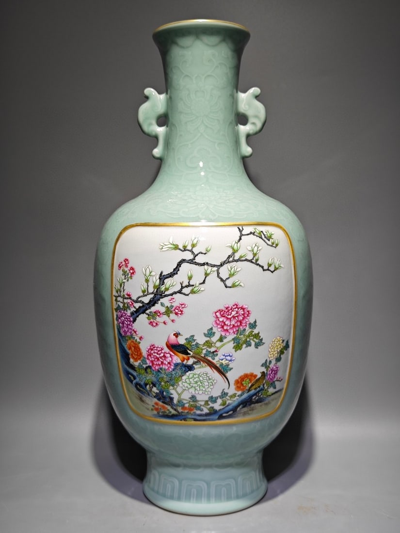 An Exquisite Enamel Celadon Glazed Flower and Bird Pattern Double-Ears Vase: An Exquisite Enamel Celadon Glazed Flower and Bird Pattern Double-Ears Vase Qing Dynasty, China Qianlong Six-character Mark Size:43cmx20.5cm (The Dimensions Of All Batches Are Manually Measured.If