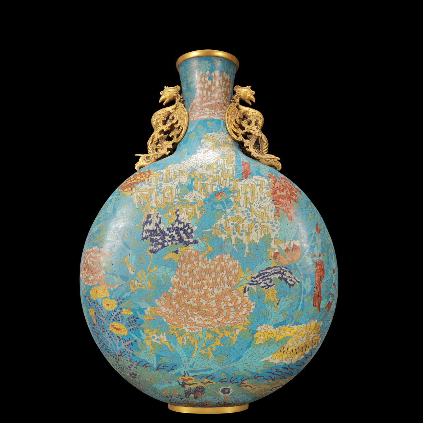 A Huge Cloisonne Chrysanthemum Pattern Phoenix-Ears Vase - 7