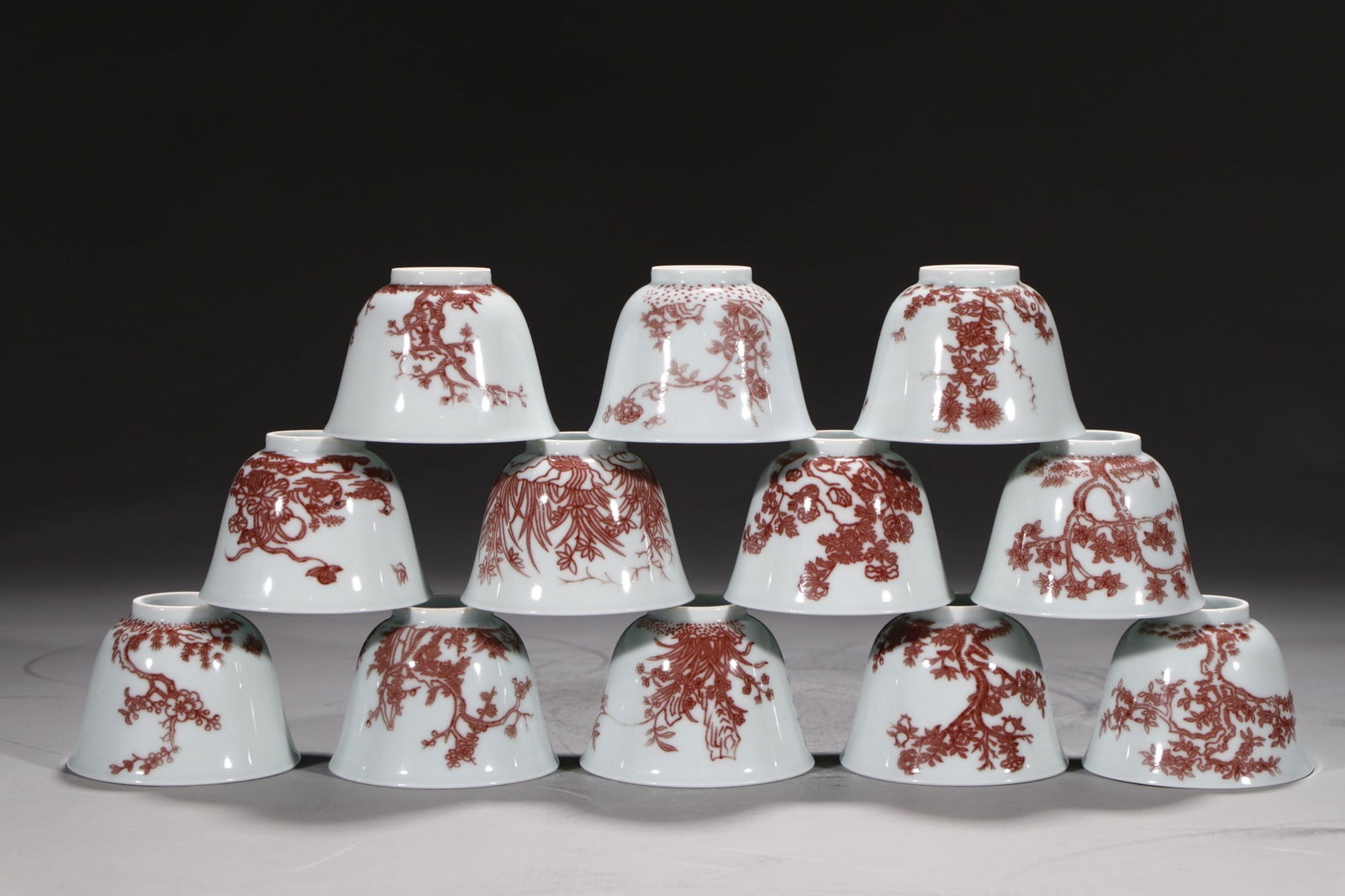 A Set of Fine Underglaze-Red Flower Pattern with poem Cup: A Set of Fine Underglaze-Red Flower Pattern with poem Cup Qing Dynasty, China Kangxi Six-character Mark Size:5.1cmx6.9cm (The Dimensions Of All Batches Are Manually Measured.If You Need More