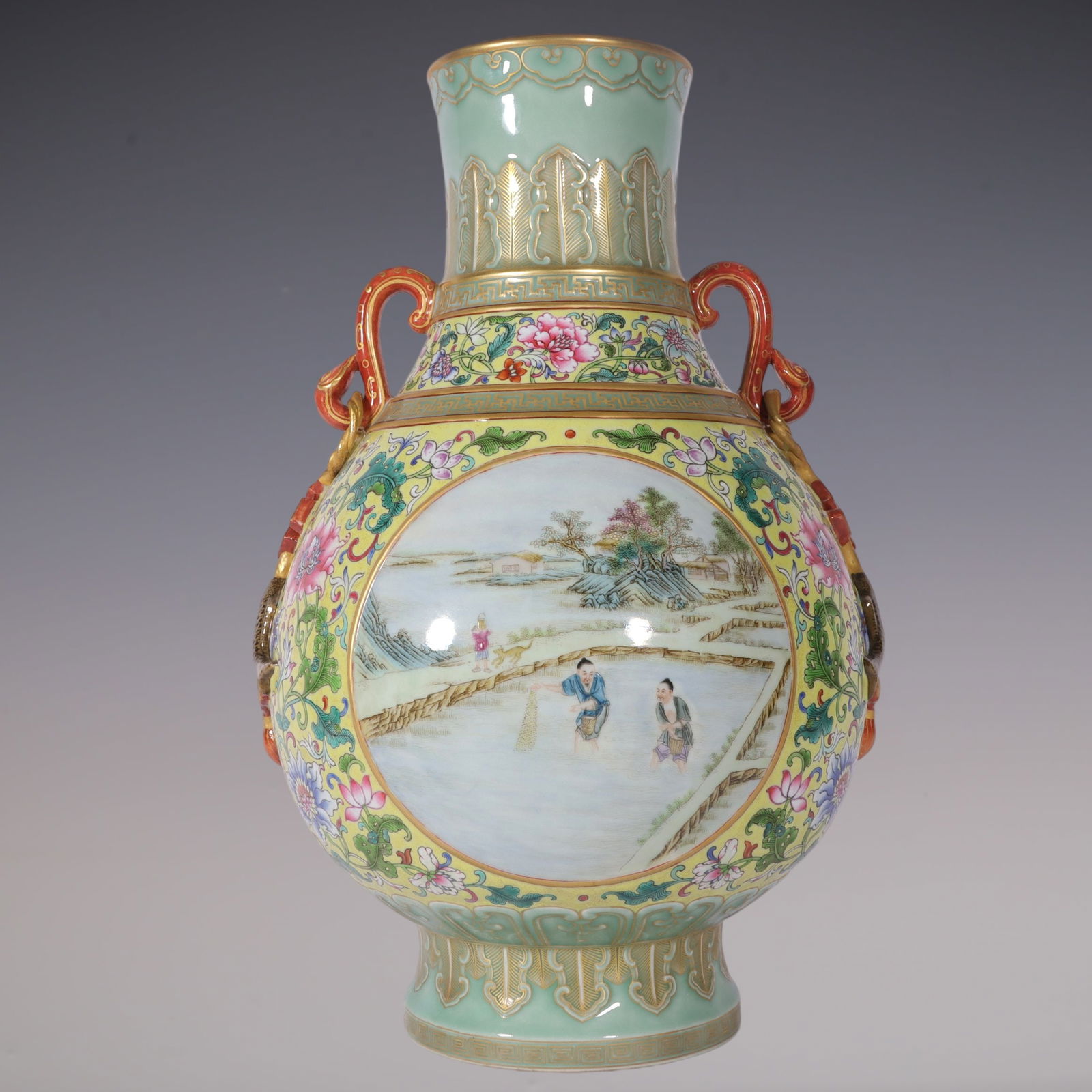 An Exquisite Famille-Rose Lotus Pattern Character and Story Pattern Double-Ears Vase: An Exquisite Famille-Rose Lotus Pattern Character and Story Pattern Double-Ears Vase Qing Dynasty, China Qianlong Six-character Mark Size:40cmx25cm (The Dimensions Of All Batches Are Manually