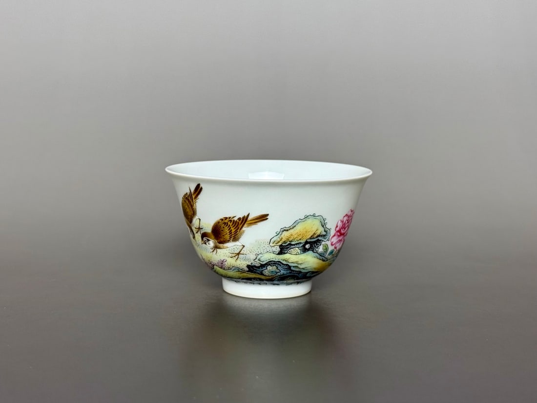 An Exquisite Famille-Rose Flower and Bird Pattern with poem Cup: An Exquisite Famille-Rose Flower and Bird Pattern with poem Cup Qing Dynasty, China Yongzheng Six-character Mark Size:4.7cmx8cm (The Dimensions Of All Batches Are Manually Measured.If You Need More