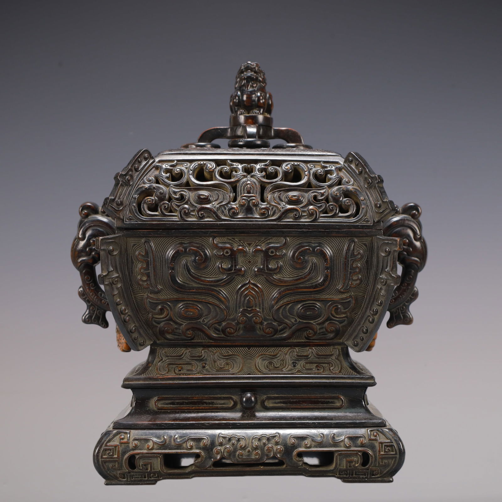 A Exquisite Zitanwood Beast-Face Pattern Double-Ears Censer: A Exquisite Zitanwood Beast-Face Pattern Double-Ears Censer Qing Dynasty, China Size:23cmx17cmx26cm Weight:1450g (The Dimensions Of All Batches Are Manually Measured.If You Need More Detailed