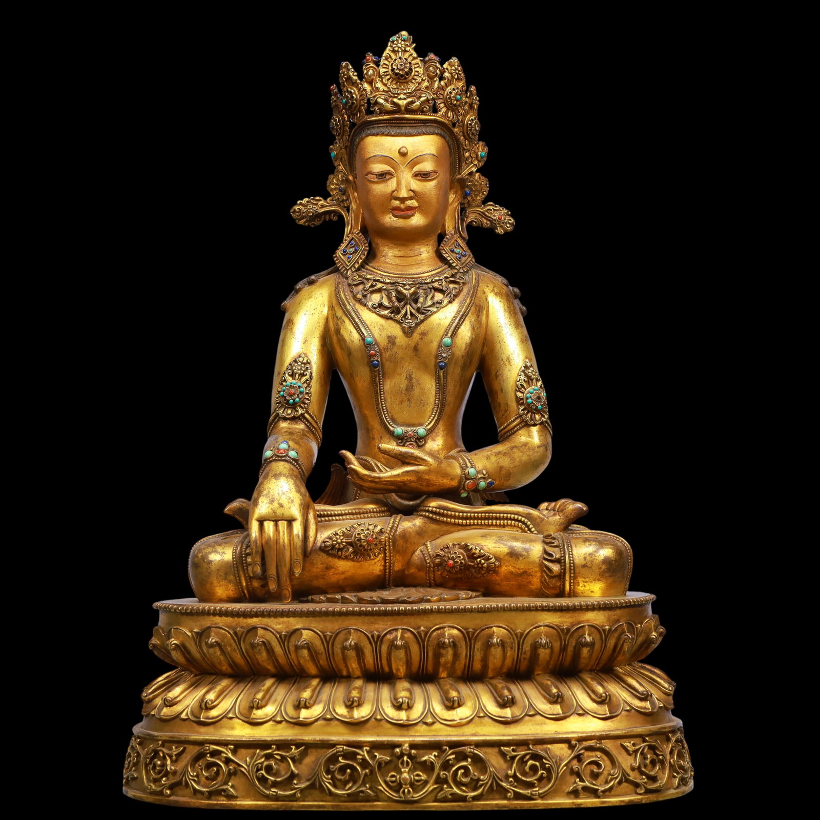 An Exquisite Gilt Bronze Inlaid Gems Statue of Avalokitesvara: An Exquisite Gilt Bronze Inlaid Gems Statue of Avalokitesvara Qing Dynasty, China Qianlong Six-character Mark Size:33cmx22cmx52cm Weight:18750g (The Dimensions Of All Batches Are Manually