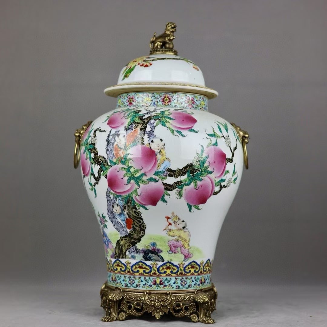 An Exquisite Famille-Rose Inlaid Bronze Character and Story Pattern Lotus Pattern with poem: An Exquisite Famille-Rose Inlaid Bronze Character and Story Pattern Lotus Pattern with poem Double-Ears Jar Qing Dynasty, China Qianlong Four-character Mark Size:52cmx28cm (The Dimensions Of All