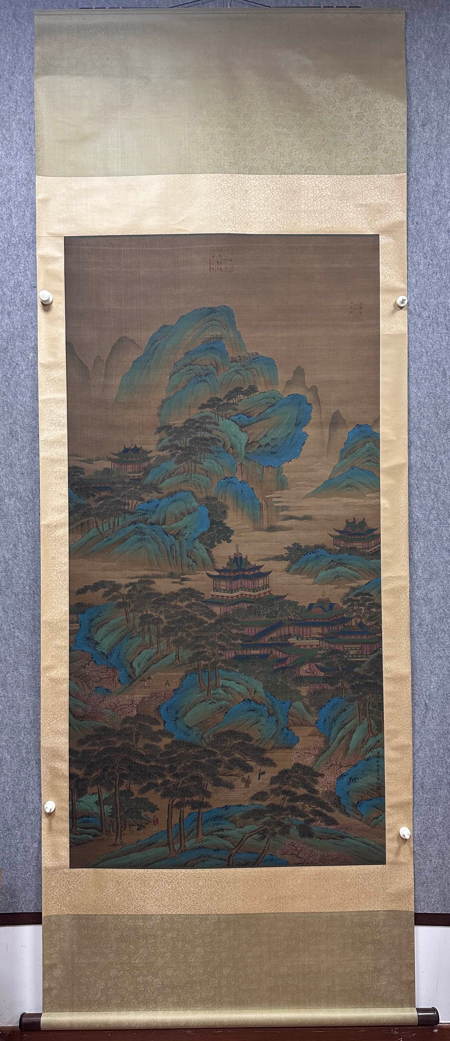 A Chinese Vertical Scroll Ink Painting of Landscape on Silk: A Chinese Vertical Scroll Ink Painting of Landscape on Silk Qiu ying Without frame Size:90cmx178cm (The Dimensions Of All Batches Are Manually Measured.If You Need More Detailed Information, Please