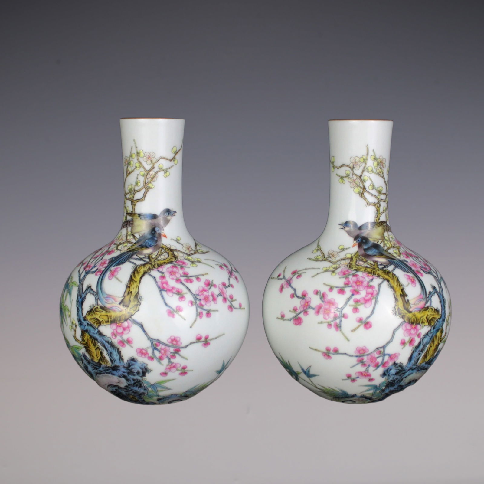 A Pair of Exquisite Famille-Rose Flower and Bird Pattern Vase: A Pair of Exquisite Famille-Rose Flower and Bird Pattern Vase Qing Dynasty, China Qianlong Six-character Mark Size:18cmx5.5cm (The Dimensions Of All Batches Are Manually Measured.If You Need More