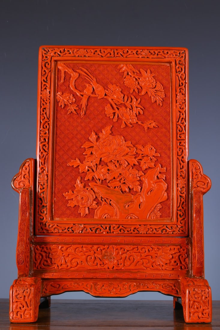 An Exquisite Wooden Carved Red Lacquer Dragon Pattern Flower and Bird Pattern Screen (1 of 9)