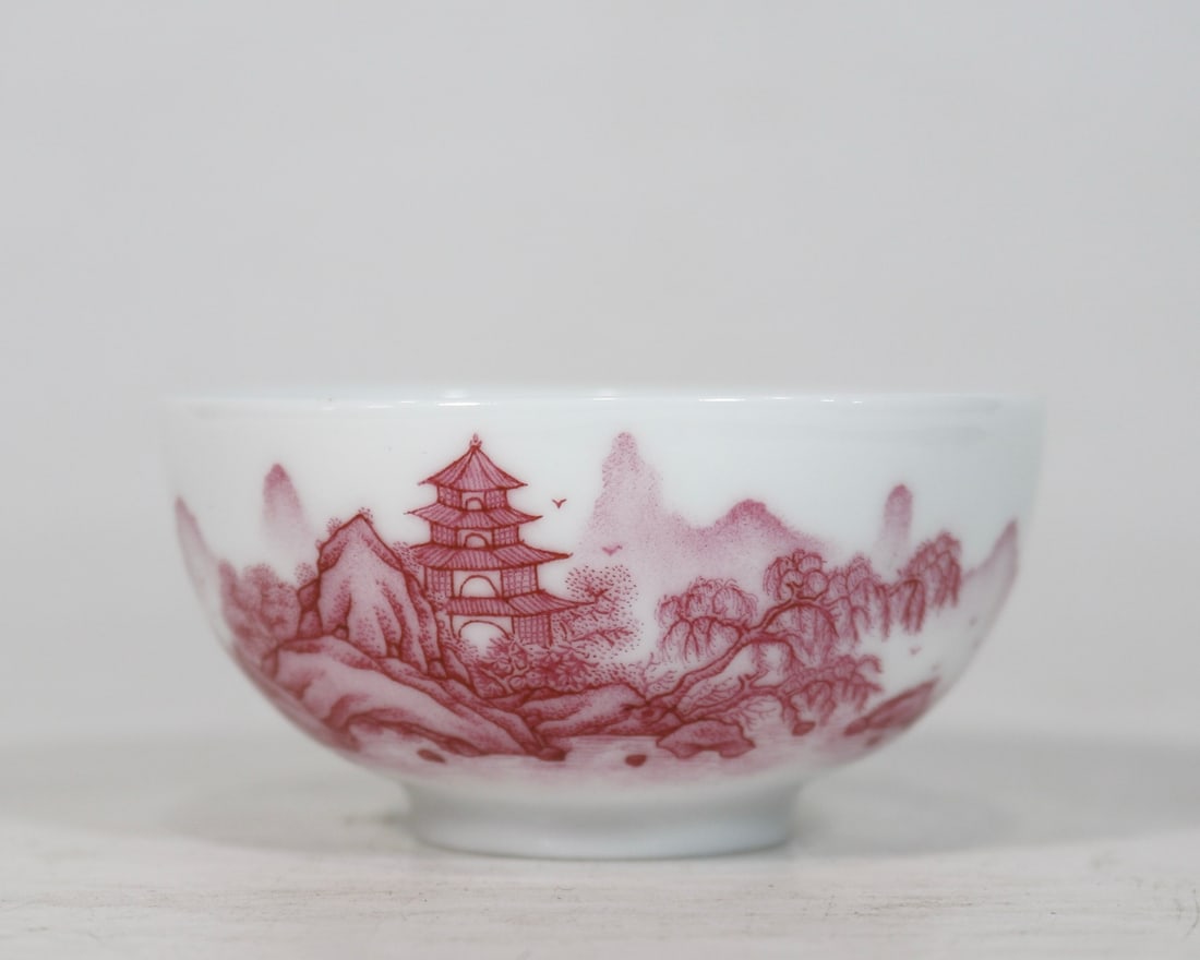 An Exquisite Ruby Red-Glazed Landscape Pattern with poem Cup: An Exquisite Ruby Red-Glazed Landscape Pattern with poem Cup Qing Dynasty, China Yongzheng Four-character Mark Size:3.9cmx8cm (The Dimensions Of All Batches Are Manually Measured.If You Need More