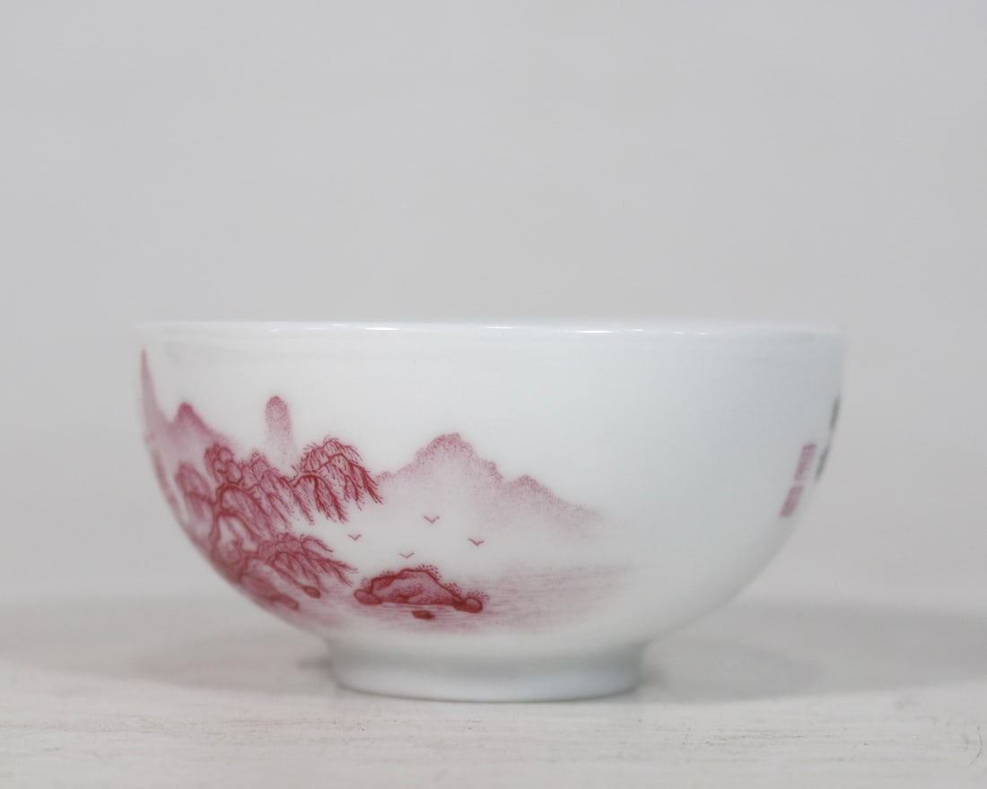 An Exquisite Ruby Red-Glazed Landscape Pattern with poem Cup - 2