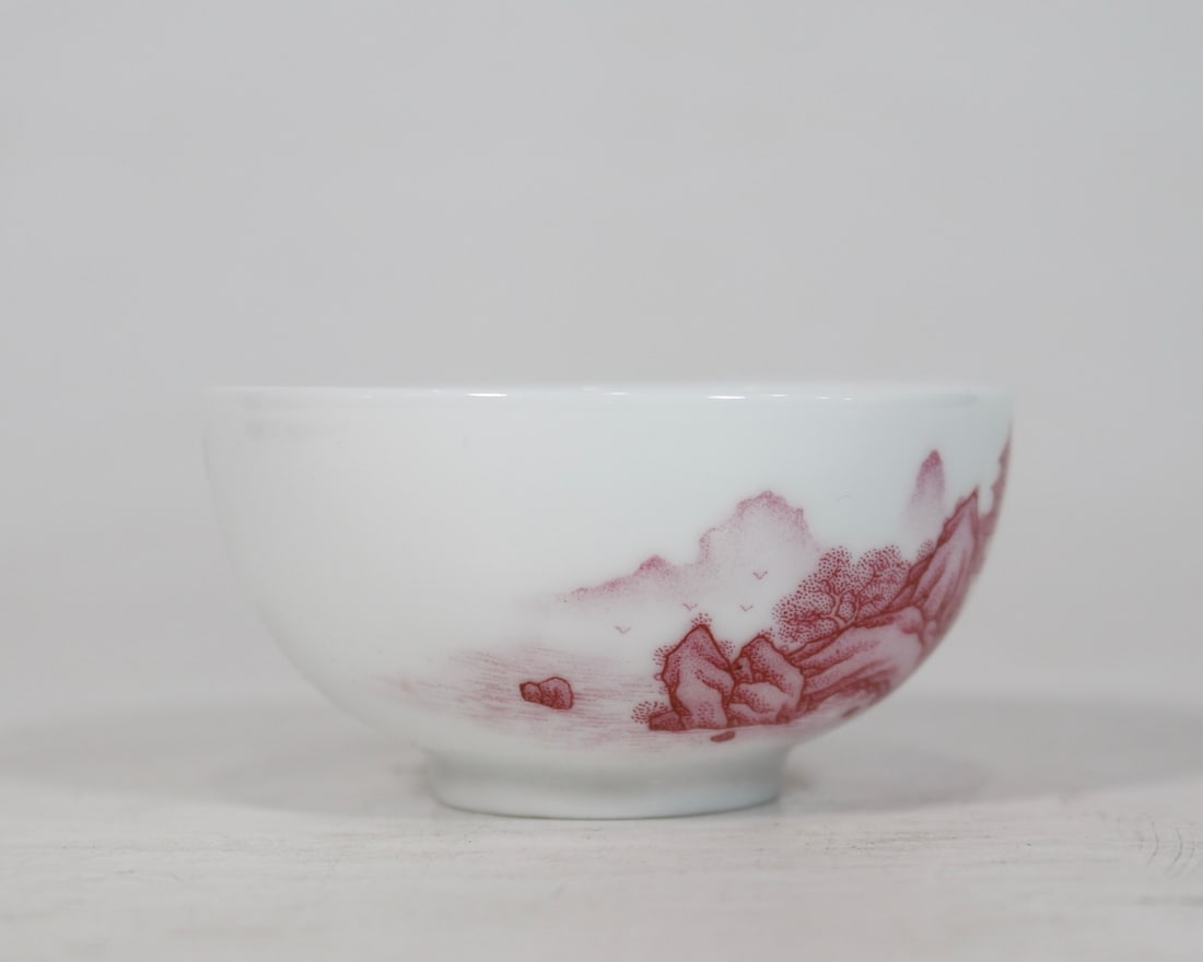 An Exquisite Ruby Red-Glazed Landscape Pattern with poem Cup - 4