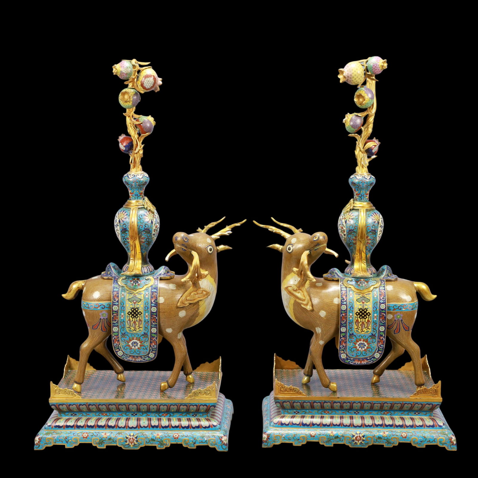 A Exquisite A pair of Cloisonne Lotus Pattern Deer Ornament: A Exquisite A pair of Cloisonne Lotus Pattern Deer Ornament Qing Dynasty, China Size:32cmx22cmx67cm Weight:10700g (The Dimensions Of All Batches Are Manually Measured.If You Need More Detailed