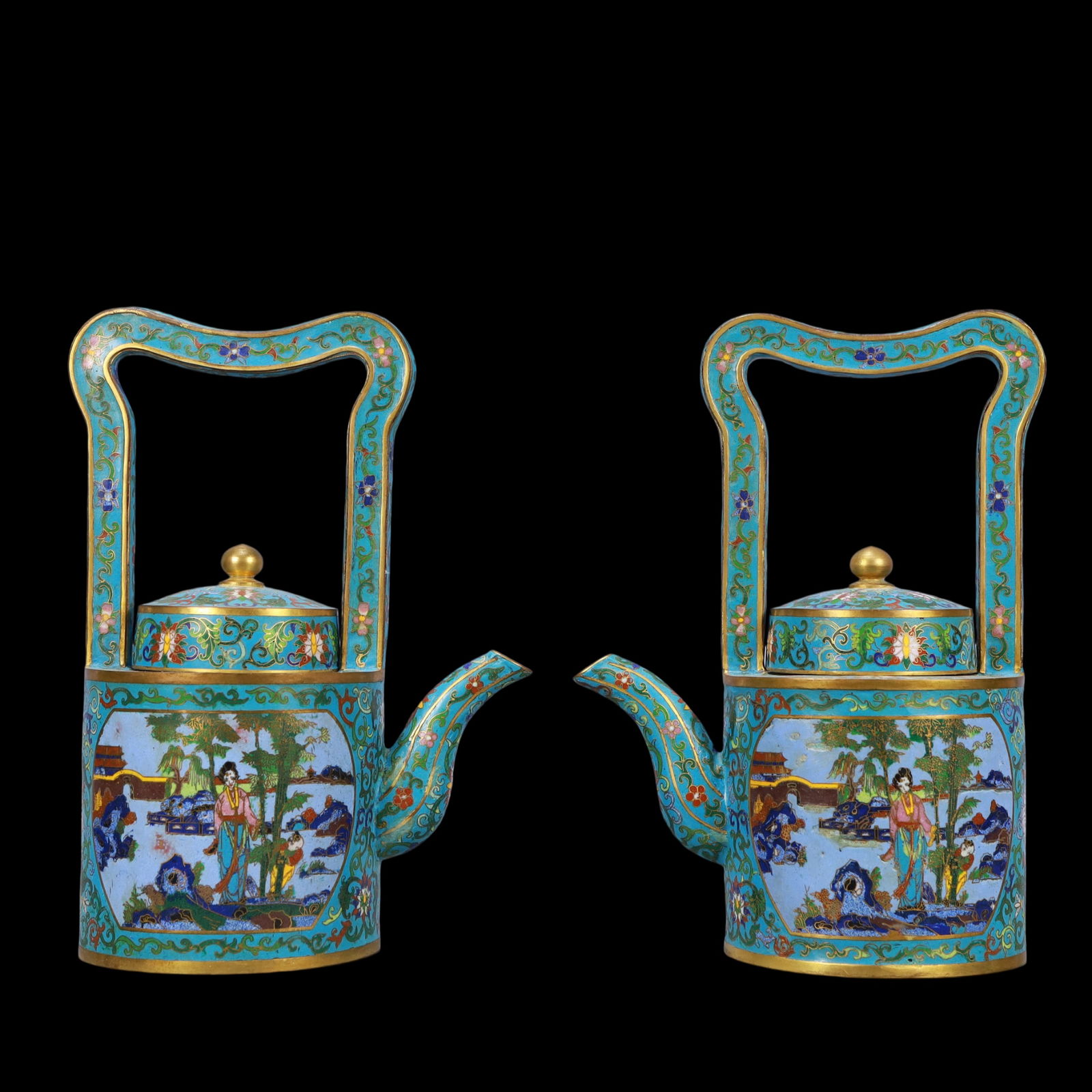 A Exquisite A pair of Cloisonne Lotus Pattern Character and Story Pattern Teapot: A Exquisite A pair of Cloisonne Lotus Pattern Character and Story Pattern Teapot Qing Dynasty, China Qianlong Four-character Mark Size::22cmx16cmx32cm Weight:3600g (The Dimensions Of All Batches