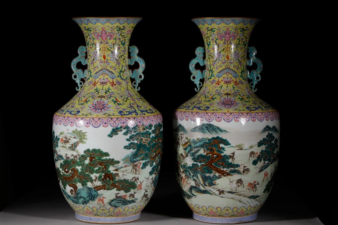 An Exquisite Famille-Rose Lotus Pattern Bats and Peach Pattern Animal Pattern Double-Ears Vase: An Exquisite Famille-Rose Lotus Pattern Bats and Peach Pattern Animal Pattern Double-Ears Vase Qing Dynasty, China Jiaqing Six-character Mark Size:76.5cm (The Dimensions Of All Batches Are Manually
