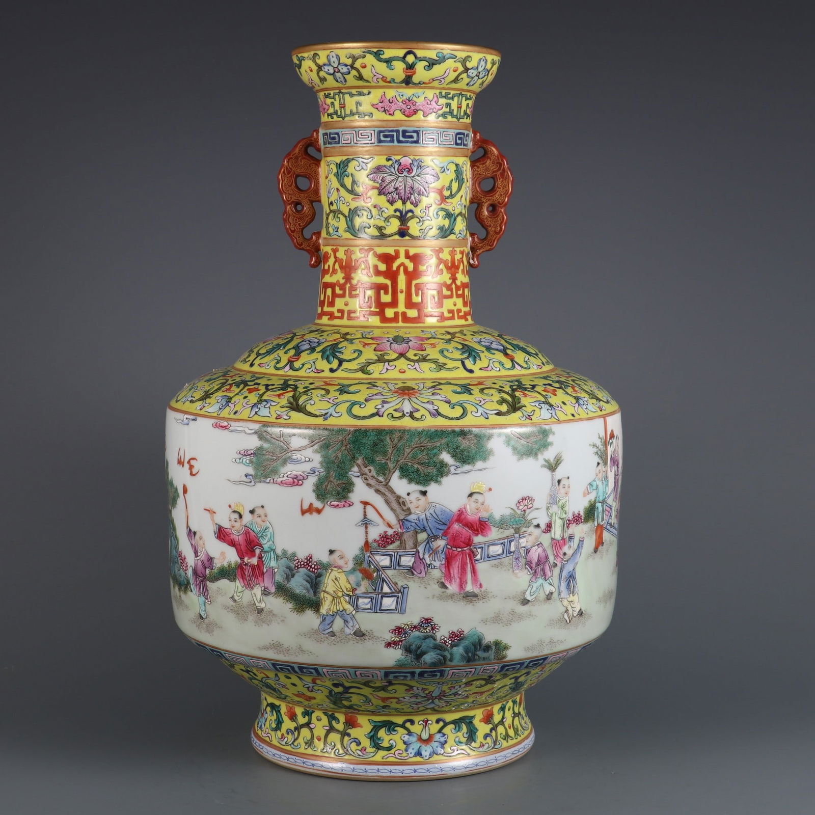 An Exquisite Famille-Rose Lotus Pattern Character and Story Pattern Double-Ears Vase: An Exquisite Famille-Rose Lotus Pattern Character and Story Pattern Double-Ears Vase Qing Dynasty, China Qianlong Six-character Mark Size:38.2cmx23.5cm (The Dimensions Of All Batches Are Manually