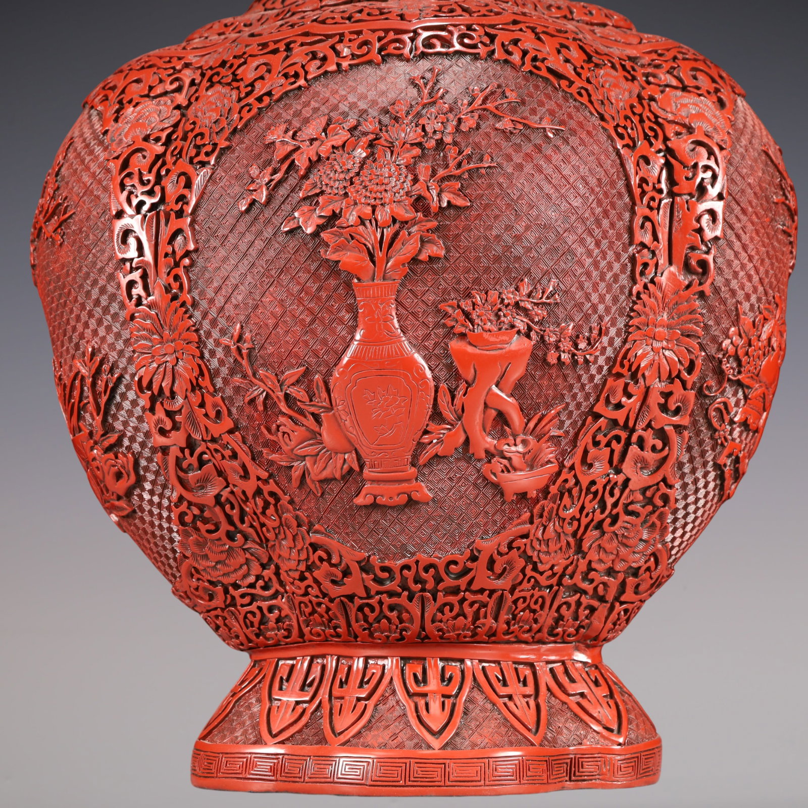 A Exquisite Carved Red Lacquer Lotus Pattern Flower Pattern Vase - 3