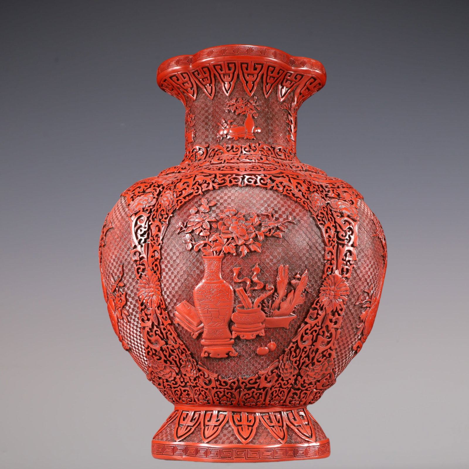 A Exquisite Carved Red Lacquer Lotus Pattern Flower Pattern Vase - 5