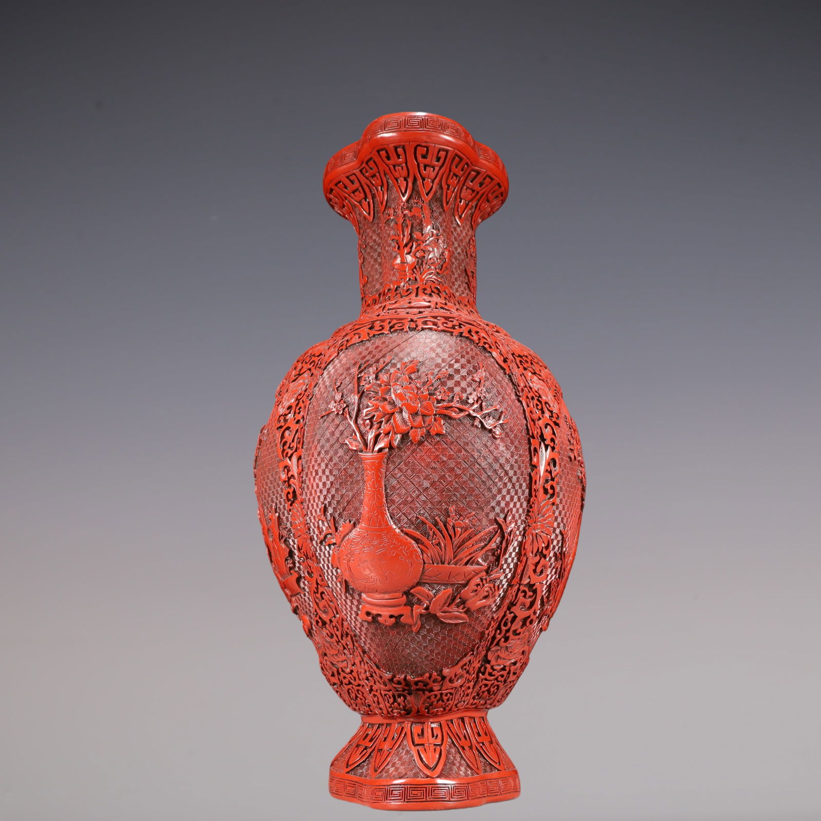 A Exquisite Carved Red Lacquer Lotus Pattern Flower Pattern Vase - 7