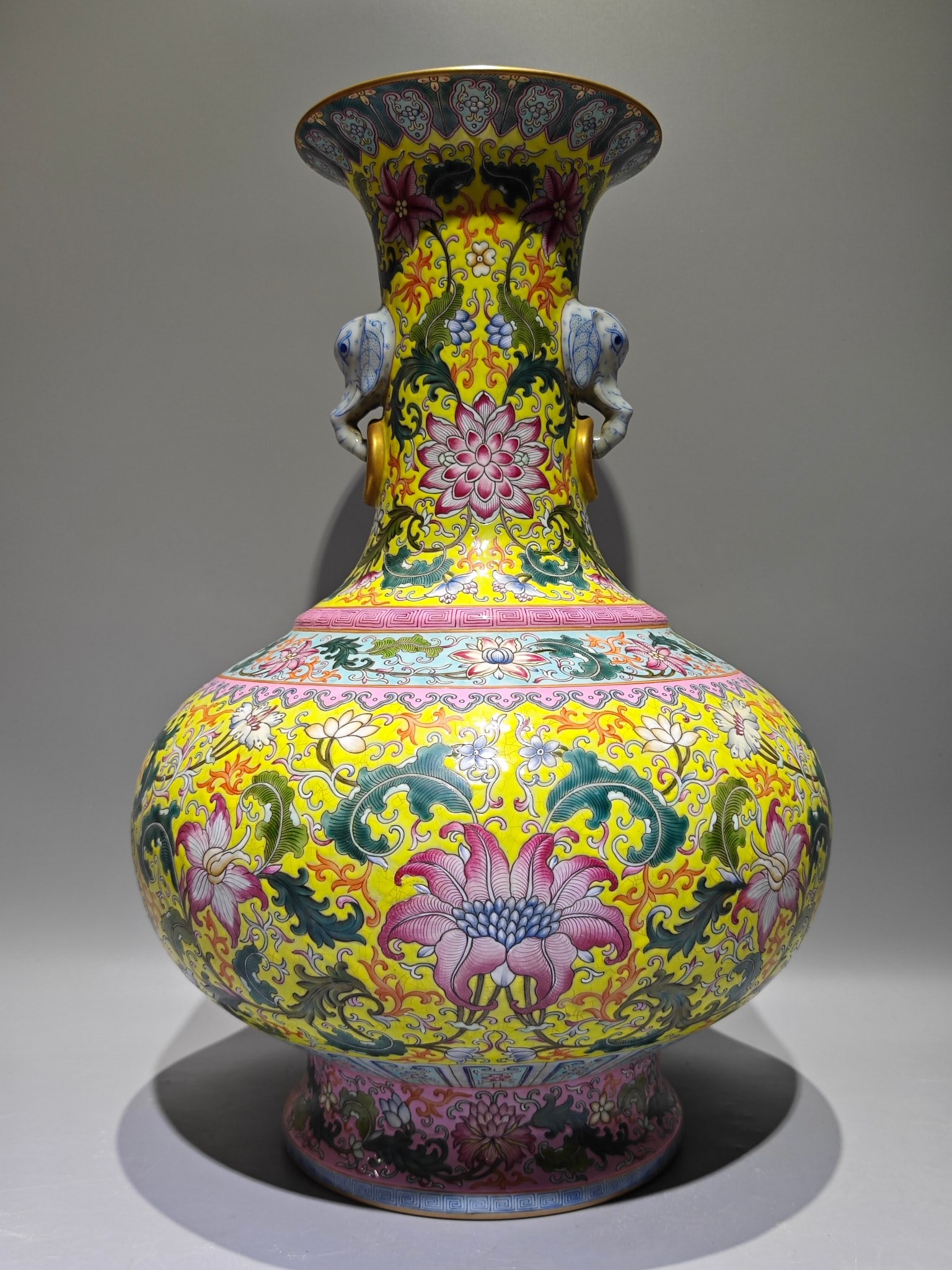 An Exquisite Enamel Lotus Pattern Double-Ears Vase: An Exquisite Enamel Lotus Pattern Double-Ears Vase Qing Dynasty, China Qianlong Six-character Mark Size:50cmx35cm (The Dimensions Of All Batches Are Manually Measured.If You Need More Detailed Informa