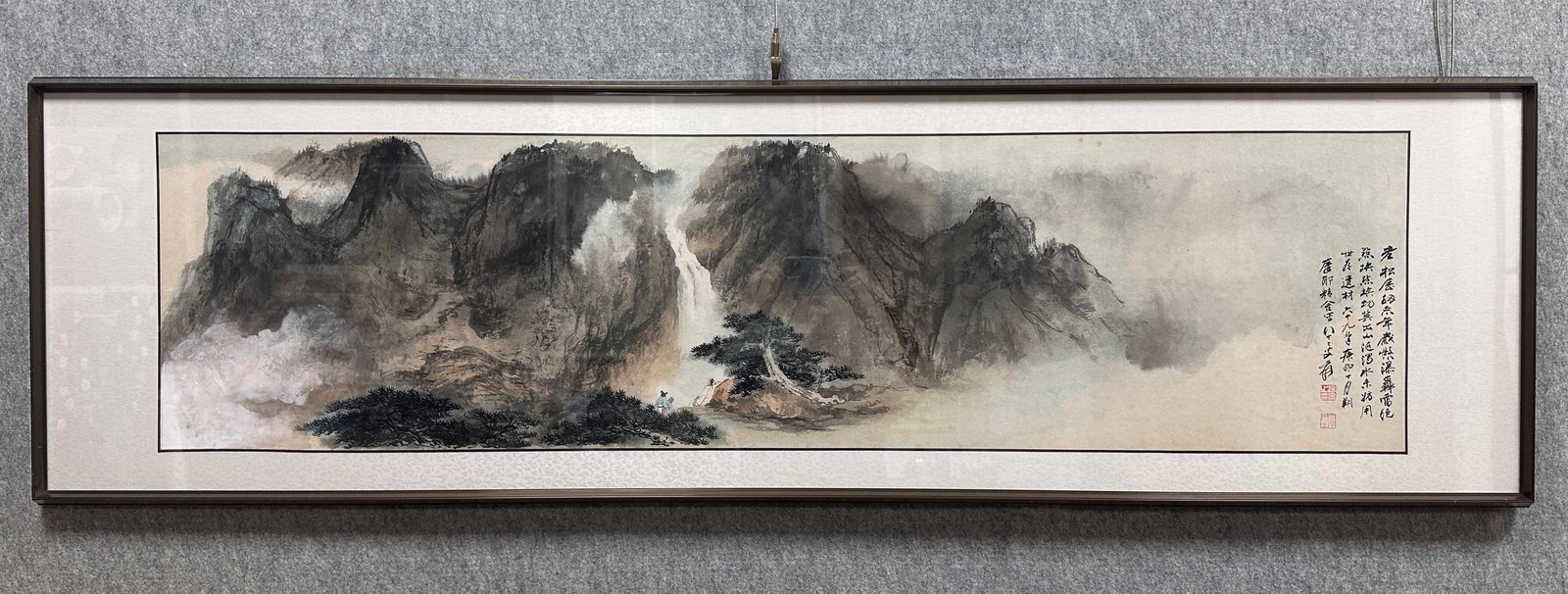 A Chinese Ink Painting of Landscape and Figure on Paper With Frame: A Chinese Ink Painting of Landscape and Figure on Paper With Frame Zhang daqian Without frame Size:138cmx35cm Size:167cmx46cm (The Dimensions Of All Batches Are Manually Measured.If You Need More
