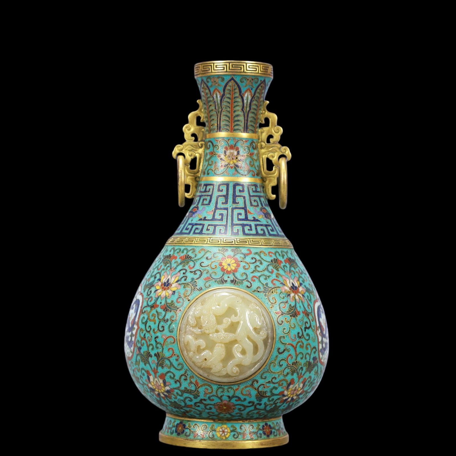 A Exquisite Cloisonne Inlaid White Jade Lotus Pattern ???Dragon Pattern Double-Ears Vase (1 of 9)