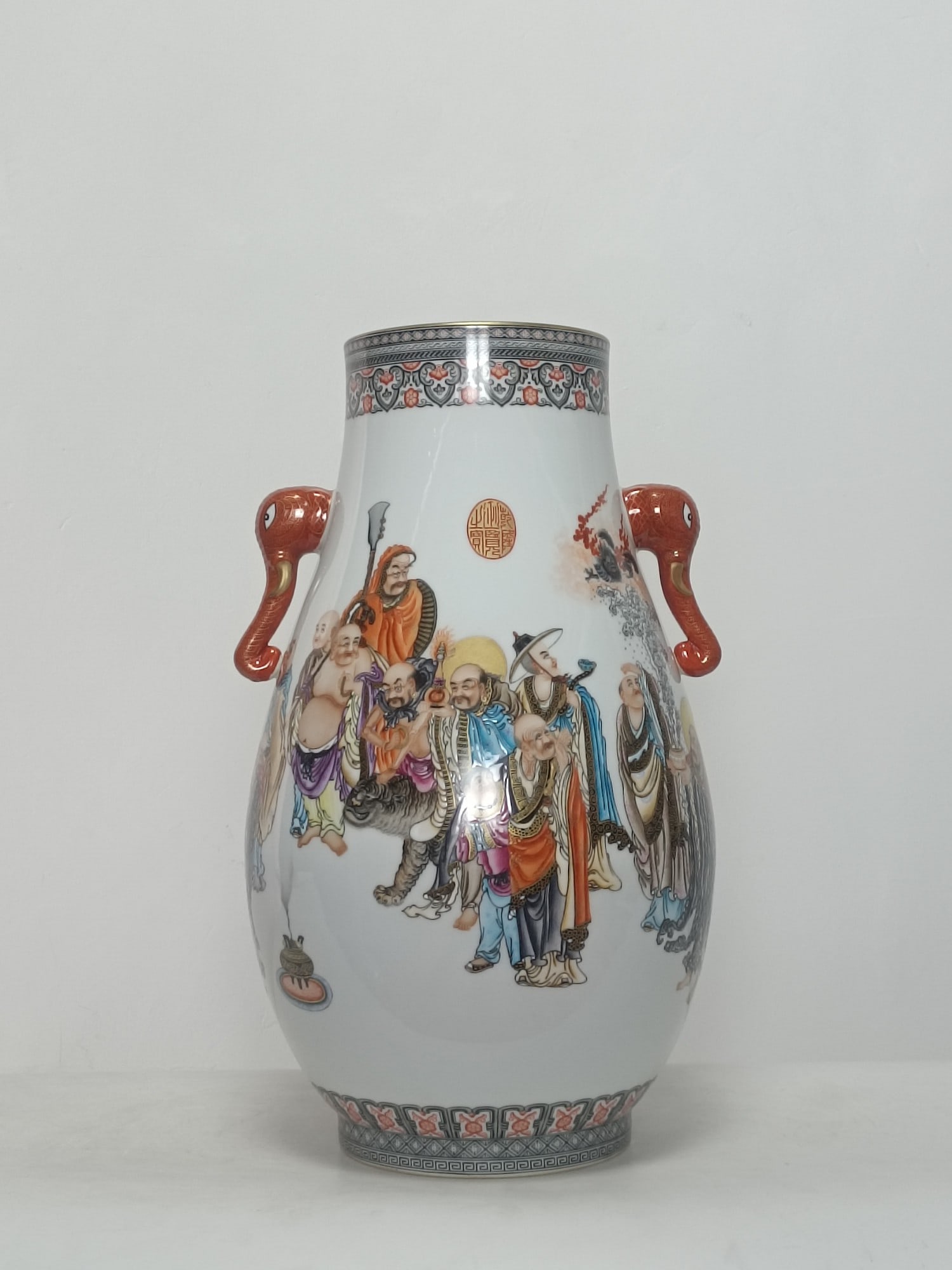An Exquisite Famille-Rose Character and Story Pattern Double-Ears Vase: An Exquisite Famille-Rose Character and Story Pattern Double-Ears Vase Qing Dynasty, China Qianlong Four-character Mark Size:50cmx30cm (The Dimensions Of All Batches Are Manually Measured.If You