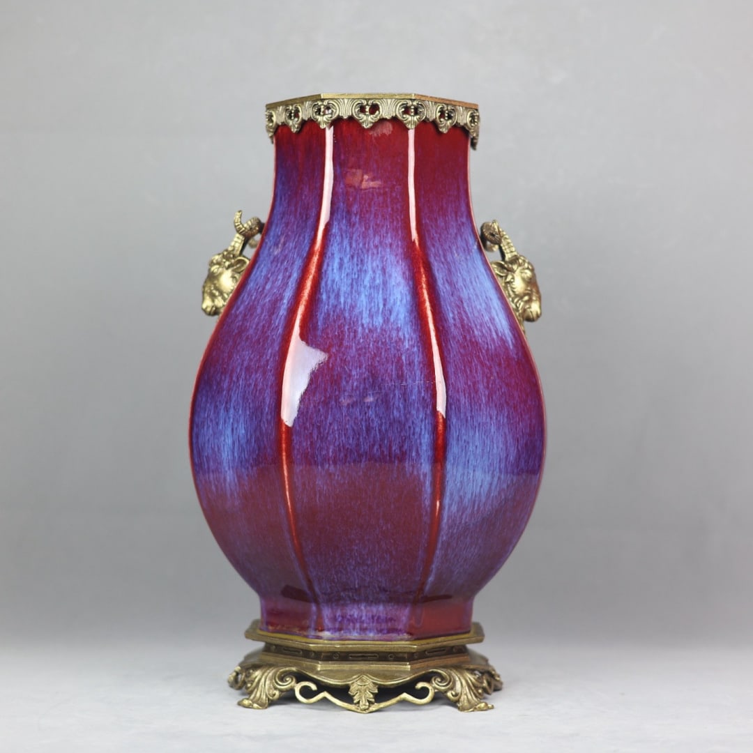 An Exquisite Flambe Glazed Inlaid Bronze Double-Ears Vase: An Exquisite Flambe Glazed Inlaid Bronze Double-Ears Vase Qing Dynasty, China Yongzheng Six-character Mark Size:44cmx24cm (The Dimensions Of All Batches Are Manually Measured.If You Need More