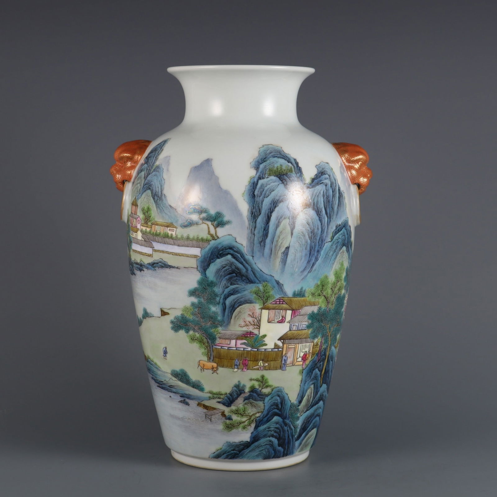 An Exquisite Famille-Rose Landscape and Figure Pattern with poem Double-Ears Vase: An Exquisite Famille-Rose Landscape and Figure Pattern with poem Double-Ears Vase Qing Dynasty, China Qianlong Four-character Mark Size:31.5cmx18cm (The Dimensions Of All Batches Are Manually