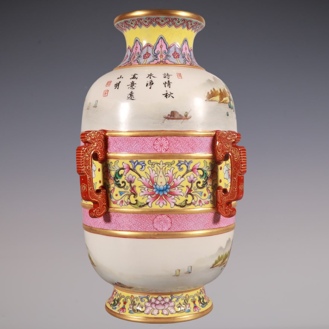 An Exquisite Enamel Lotus Pattern Landscape Pattern with poem Vase - 6