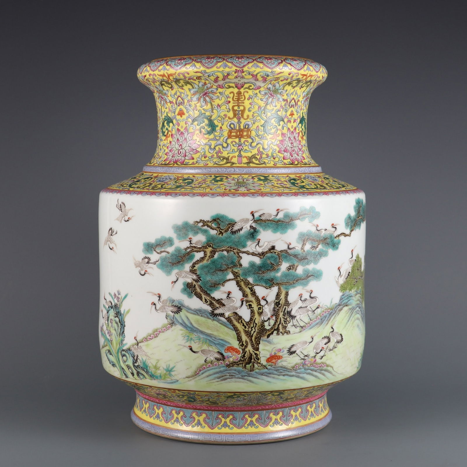 An Exquisite Famille-Rose Bats and Peach Pattern Lotus Pattern Pine and Crane Pattern Vase: An Exquisite Famille-Rose Bats and Peach Pattern Lotus Pattern Pine and Crane Pattern Vase Qing Dynasty, China Qianlong Six-character Mark Size:39.5cmx28cm (The Dimensions Of All Batches Are