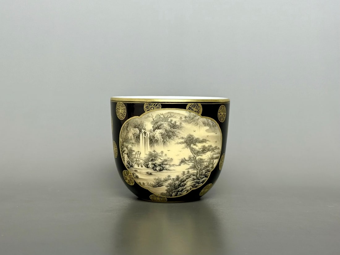 An Exquisite Ink Color Painted Gold Landscape Pattern with poem Cup: An Exquisite Ink Color Painted Gold Landscape Pattern with poem Cup Qing Dynasty, China Qianlong Four-character Mark Size:6.8cmx8cm (The Dimensions Of All Batches Are Manually Measured.If You Need