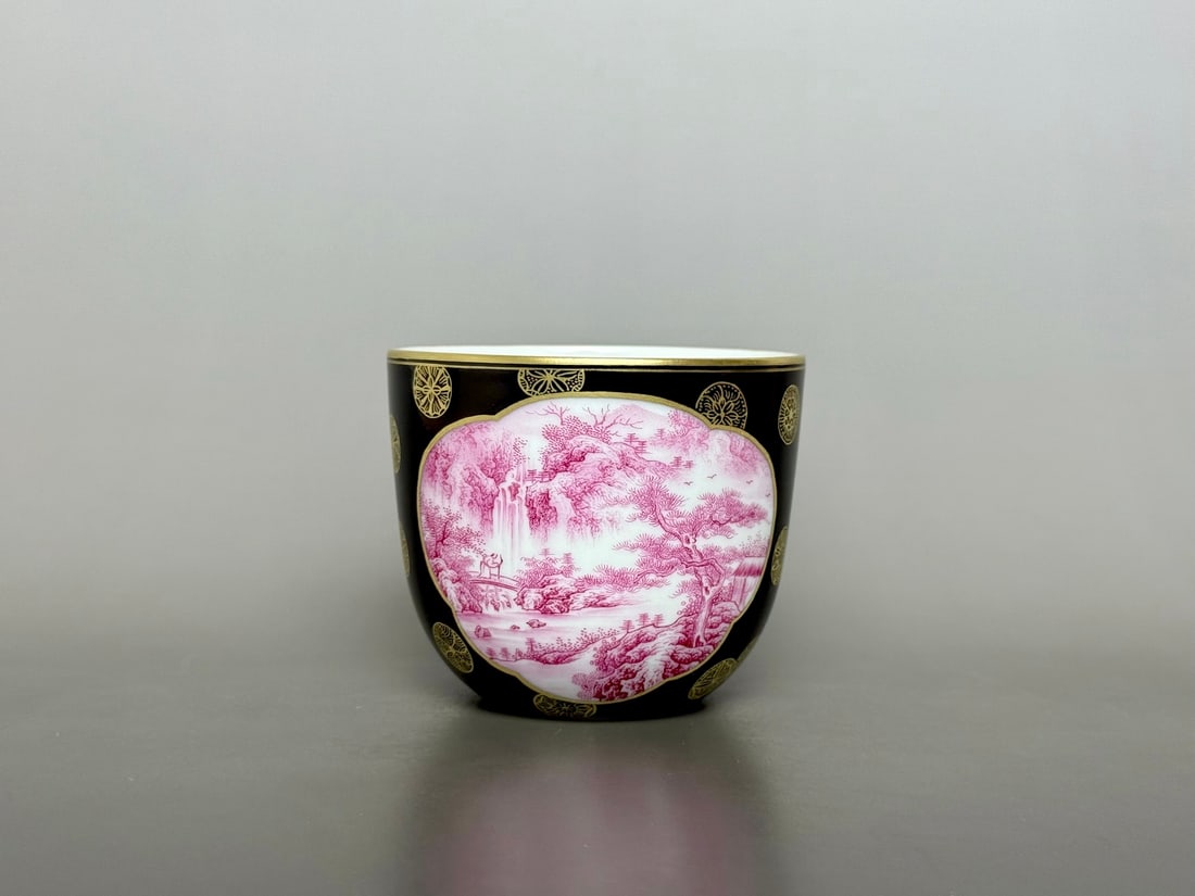 An Exquisite Agate Red-Glazed Painted Gold Landscape Pattern with poem Cup: An Exquisite Agate Red-Glazed Painted Gold Landscape Pattern with poem Cup Qing Dynasty, China Qianlong Four-character Mark Size:6.8cmx8cm (The Dimensions Of All Batches Are Manually Measured.If