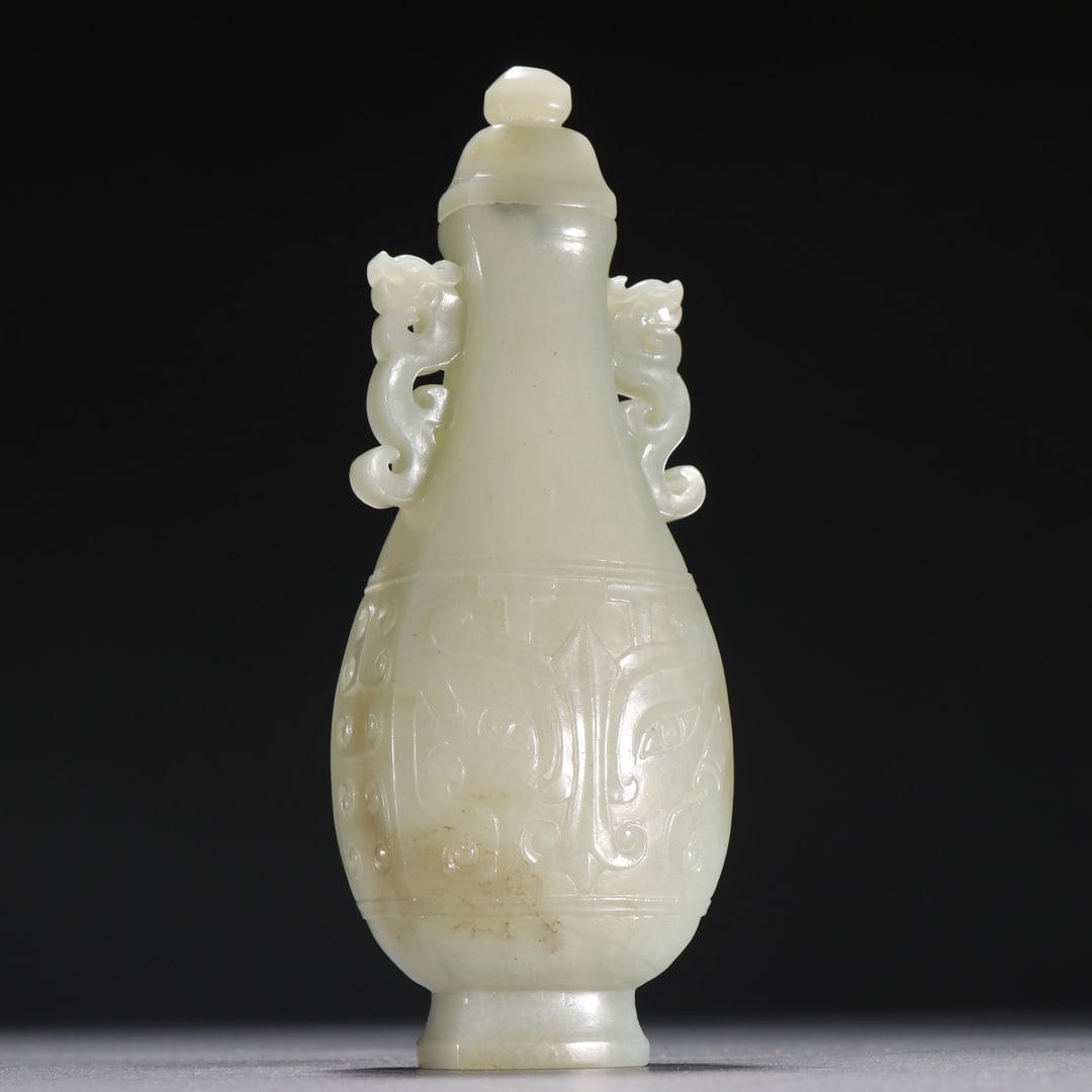An Exquisite White Jade Beast-Face Pattern Double-Ears Vase - 5