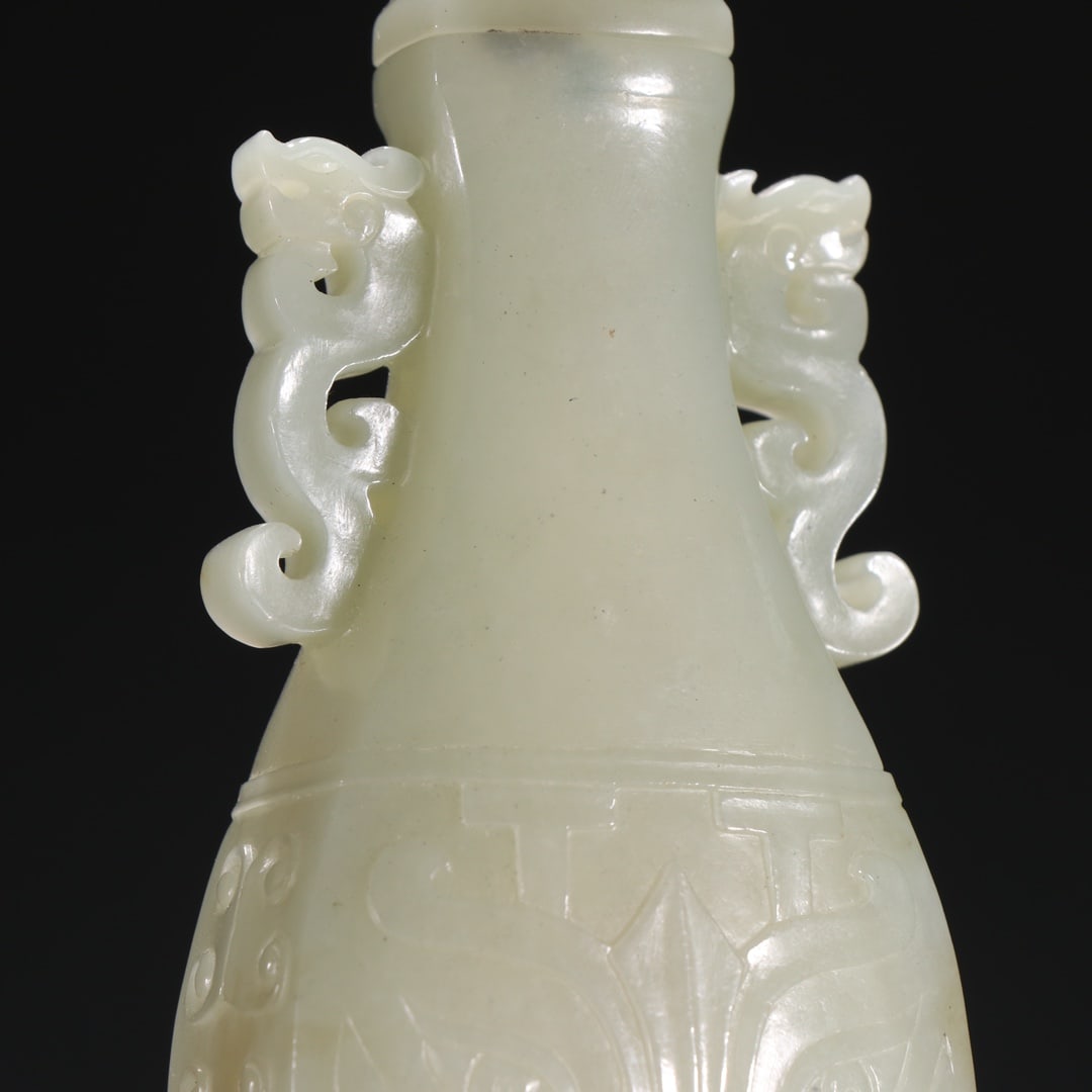 An Exquisite White Jade Beast-Face Pattern Double-Ears Vase - 6