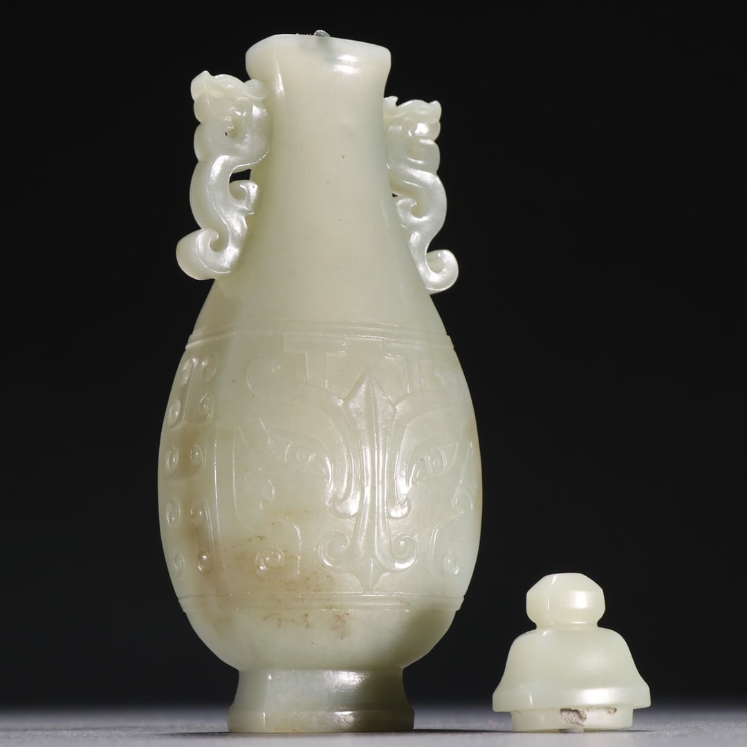 An Exquisite White Jade Beast-Face Pattern Double-Ears Vase - 7