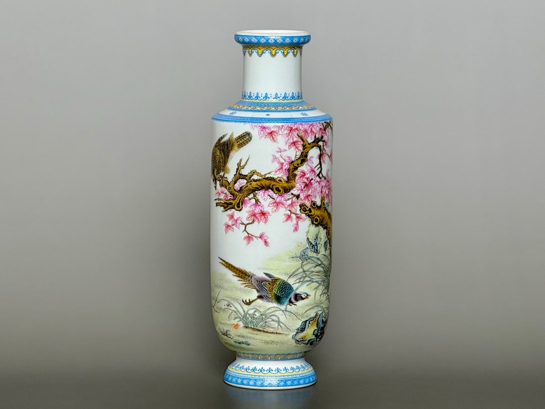 An Exquisite Famille-Rose Flower and Bird Pattern with poem Vase: An Exquisite Famille-Rose Flower and Bird Pattern with poem Vase Qing Dynasty, China Qianlong Six-character Mark Size:22.6cmx7.8cm (The Dimensions Of All Batches Are Manually Measured.If You Need