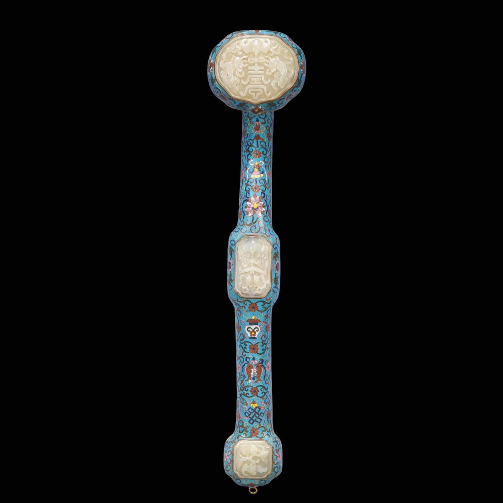 A Exquisite Cloisonne Inlaid White Jade Lotus Pattern Bats and Peach Pattern Ruyi: A Exquisite Cloisonne Inlaid White Jade Lotus Pattern Bats and Peach Pattern Ruyi Qing Dynasty, China Qianlong Six-character Mark Size:54cmx13cmx9cm Weight:1450g (The Dimensions Of All Batches Are Man