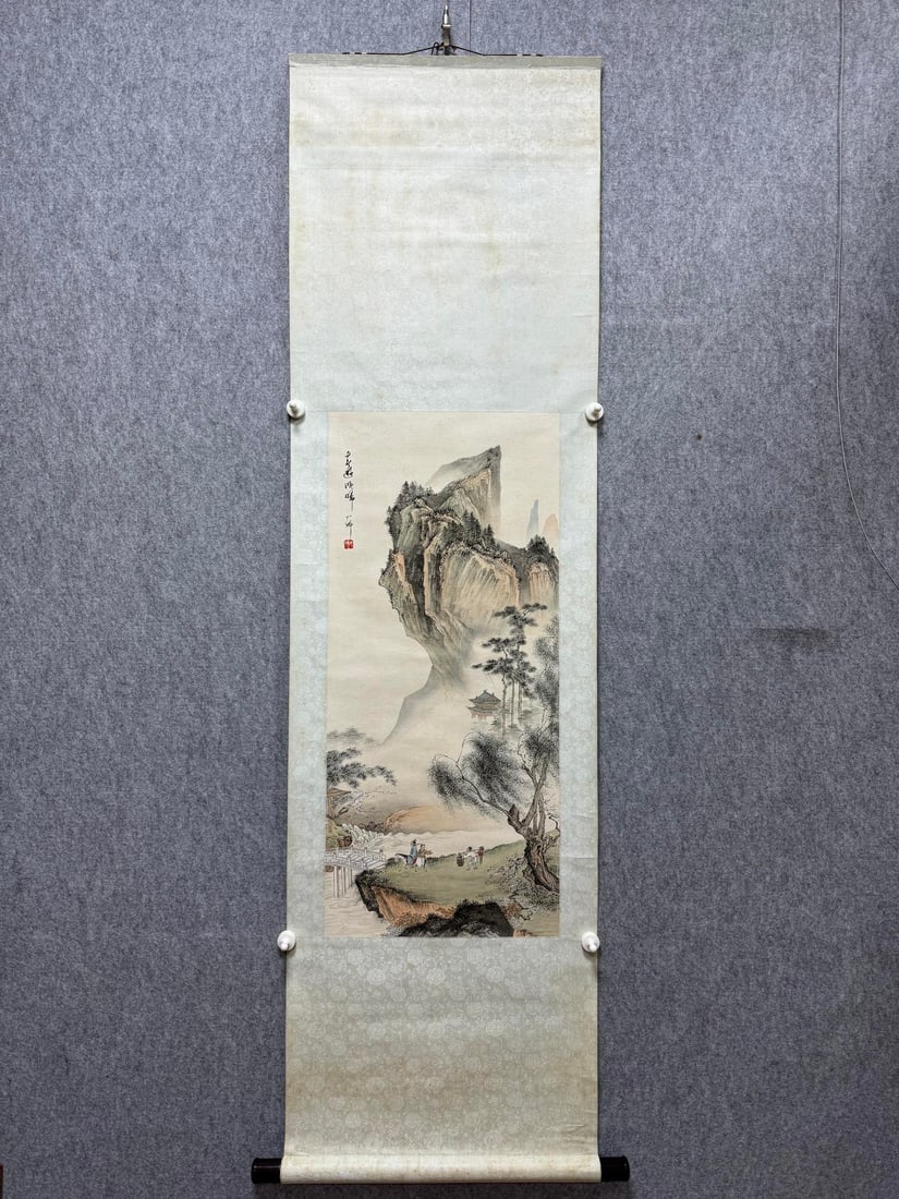 A Chinese Vertical Scroll Ink Painting of Landscape and Figure on Paper: A Chinese Vertical Scroll Ink Painting of Landscape and Figure on Paper Hu yefo Without frame Size:38cmx86cm (The Dimensions Of All Batches Are Manually Measured.If You Need More Detailed