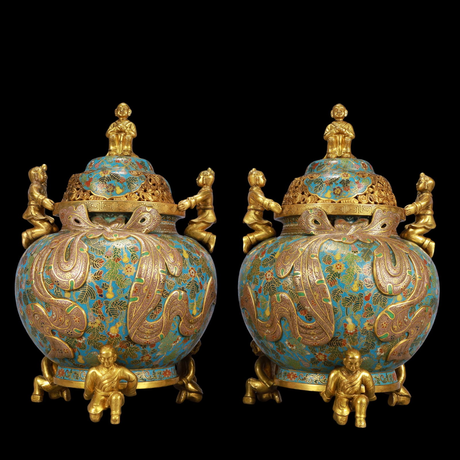A Exquisite A pair of Cloisonne Flower and Fruit Pattern Double-Ears and Tripod Censer: A Exquisite A pair of Cloisonne Flower and Fruit Pattern Double-Ears and Tripod Censer Qing Dynasty, China Size::21cmx18.5cmx35cm Weight:7800g (The Dimensions Of All Batches Are Manually