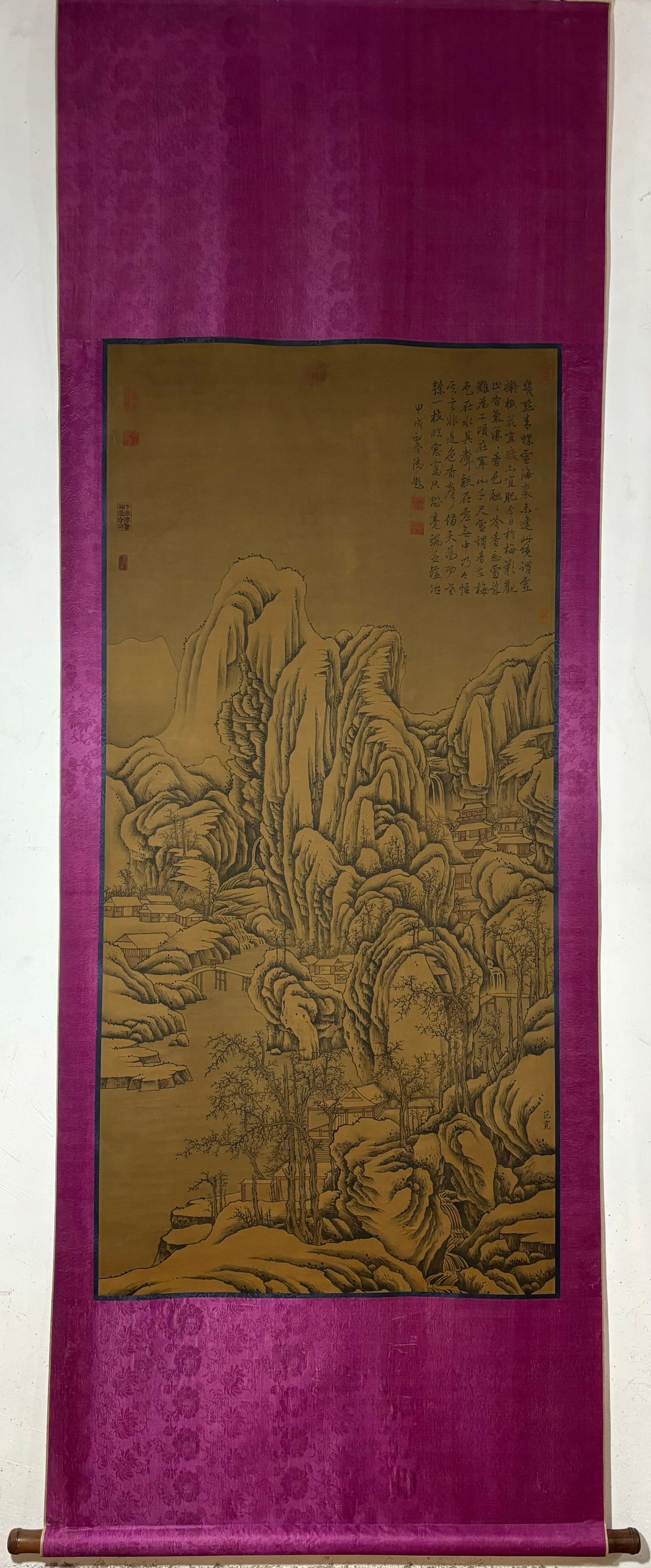 A Chinese Vertical Scroll Ink Painting of Landscape on Silk: A Chinese Vertical Scroll Ink Painting of Landscape on Silk Fan kuan Without frame Size:142cmx68cm (The Dimensions Of All Batches Are Manually Measured.If You Need More Detailed Information, Please