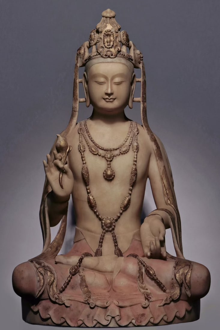 An Exquisite Marble Painted Color Statue of Bodhisattva: An Exquisite Marble Painted Color Statue of Bodhisattva N.Qi , China Size:85cmx50cm (The Dimensions Of All Batches Are Manually Measured.If You Need More Detailed Information, Please Contact Our