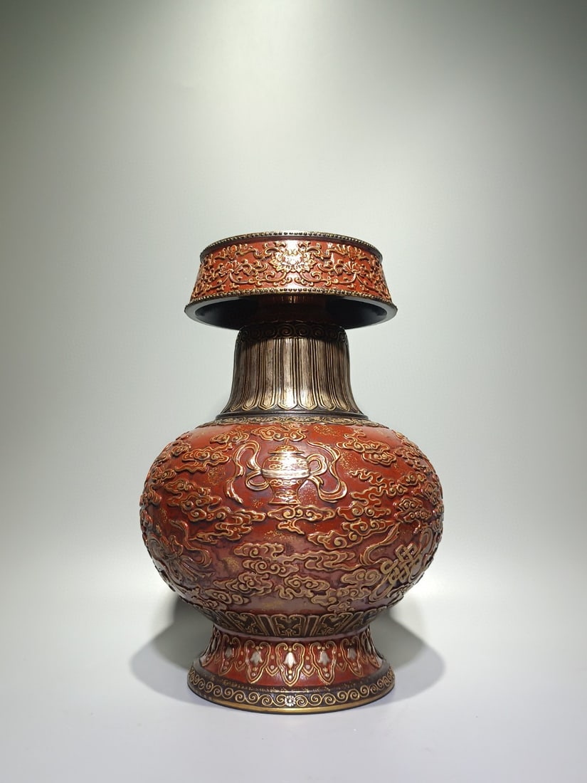 An Exquisite Bronze glaze Painted Gold Eight Treasures Pattern Vase: An Exquisite Bronze glaze Painted Gold Eight Treasures Pattern Vase Qing Dynasty, China Qianlong Six-character Mark Size:28cmx19.5cm (The Dimensions Of All Batches Are Manually Measured.If You Need
