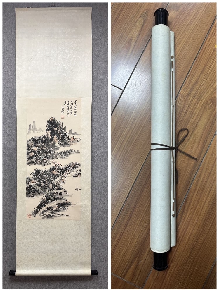 A Chinese Vertical Scroll Ink Painting of Landscape on Paper: A Chinese Vertical Scroll Ink Painting of Landscape on PaperHuang binhong Without frame Size:38cmx84cm (The Dimensions Of All Batches Are Manually Measured.If You Need More Detailed Information,