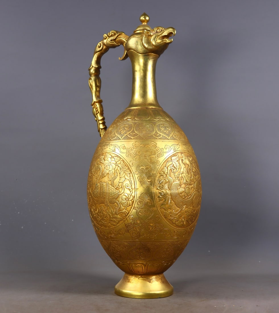 An Exquisite Gilt Bronze Lotus Pattern Auspicious Beast Pattern Ewer - 2