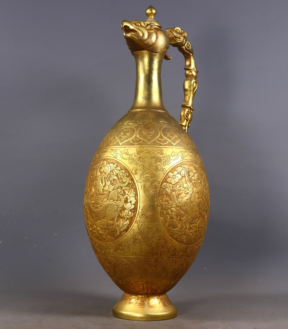 An Exquisite Gilt Bronze Lotus Pattern Auspicious Beast Pattern Ewer - 4