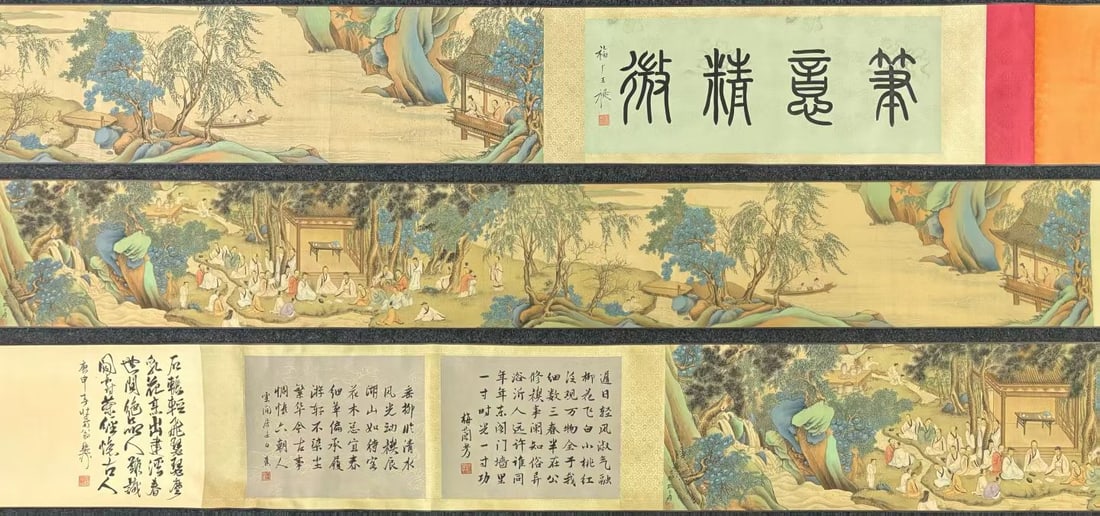 A Chinese Hand Scroll Ink Painting of Landscape and Figure on Silk: A Chinese Hand Scroll Ink Painting of Landscape and Figure on Silk Zhang daqian Without frame Size:225cmx30cm entirety Size:630cmx30cm (The Dimensions Of All Batches Are Manually Measured.If You