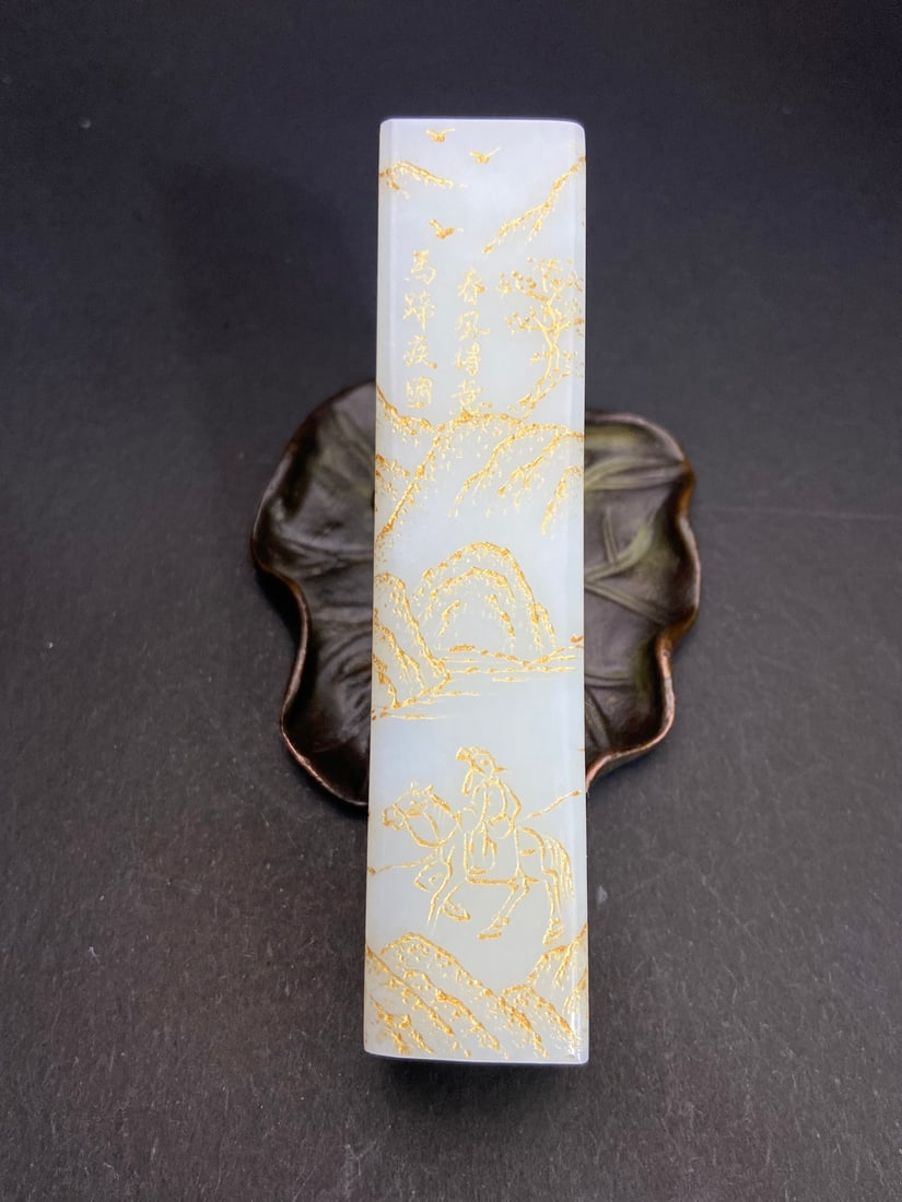 An Exquisite White Jade Landscape and Figure Pattern with poem Ornament: An Exquisite White Jade Landscape and Figure Pattern with poem Ornament Qing Dynasty, China Size:9.53cmx2.2cmx2cm Weight:118g (The Dimensions Of All Batches Are Manually Measured.If You Need More