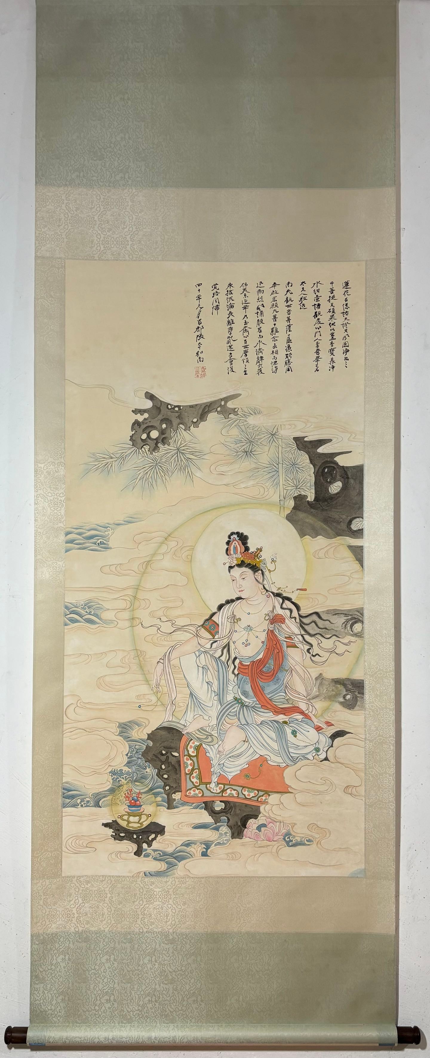 A Chinese Vertical Scroll Ink Painting of Statue of Avalokitesvara on Paper: A Chinese Vertical Scroll Ink Painting of Statue of Avalokitesvara on Paper Zhang daqian Without frame Size:133cmx65cm (The Dimensions Of All Batches Are Manually Measured.If You Need More Detailed