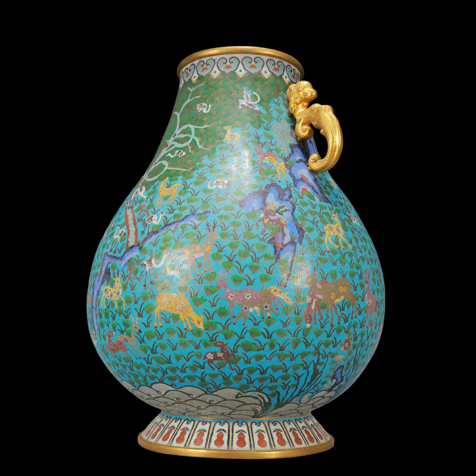 A Huge Cloisonne Pine and Deer Pattern Double-Ears Vase - 4